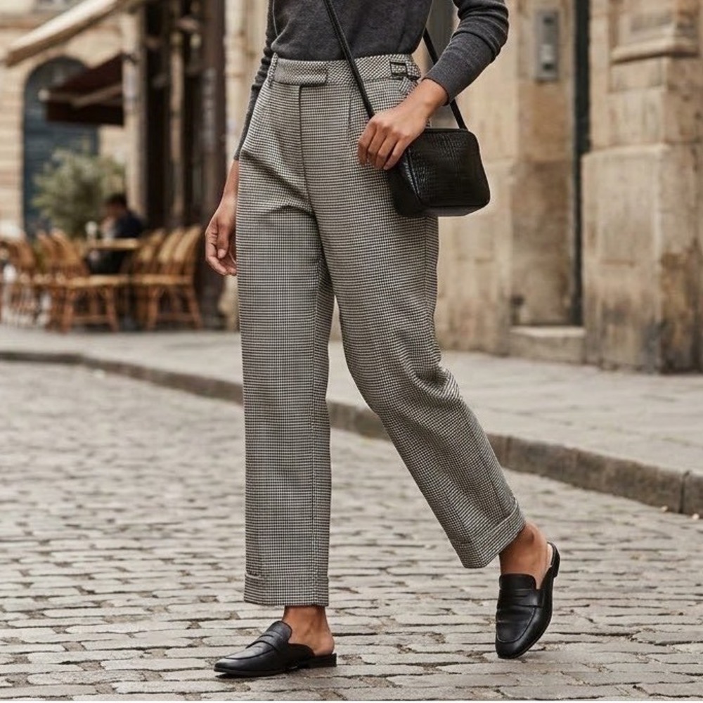 Topshop Petite High Waisted Pleated Trousers Houndstooth Plaid Cuffed Pants US 2